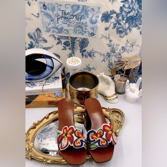 🆕 TORY BURCH 🧿 NWOT Bianca Floral Bead Embellished Slide Sandal - Ivory Multi - Picture 2 of 16